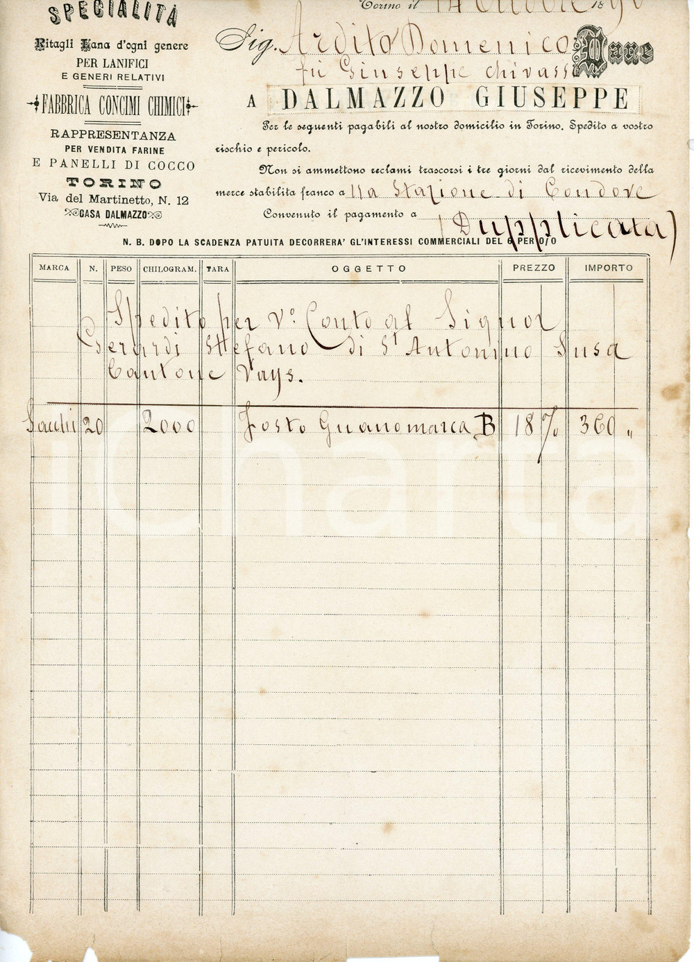 Documento originale, autentico 1890 TORINO Via del Martinetto 12  Giuseppe DALMAZZO Fabbrica concimi  Fattura 1