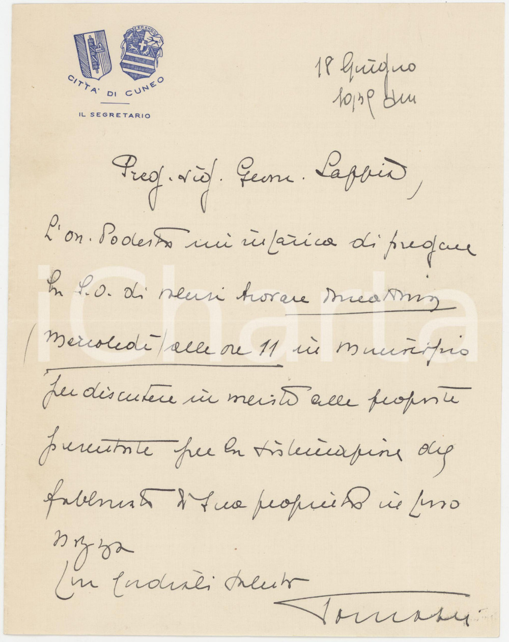 Manoscritto, lettera originale 1939 CUNEO Lettera Segretario Comunale TOMATIS  Convocazione Autografo 1