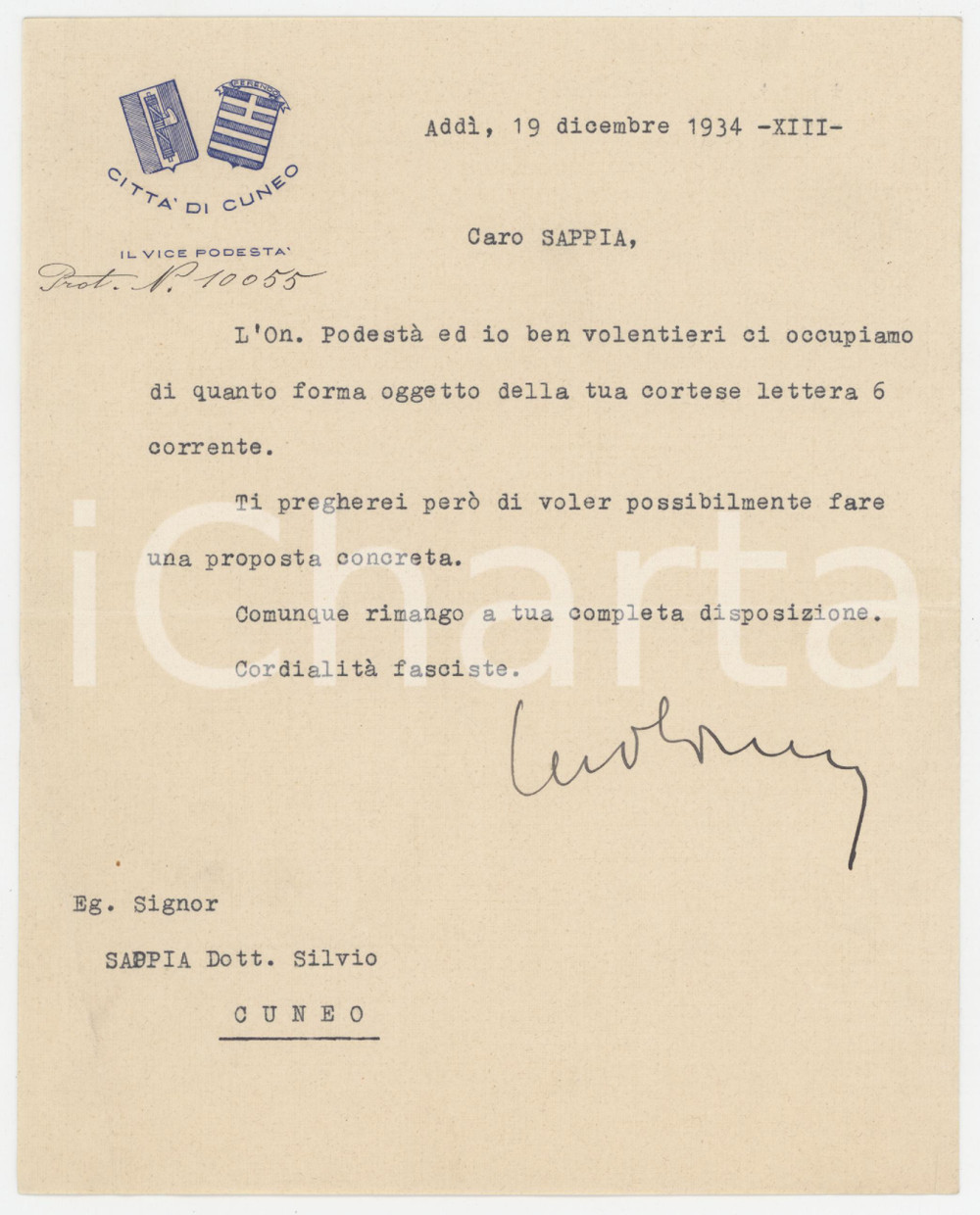 Autografo originale 1934 CUNEO Lettera Michele OLIVERO vice podestà per proposta Autografo 1