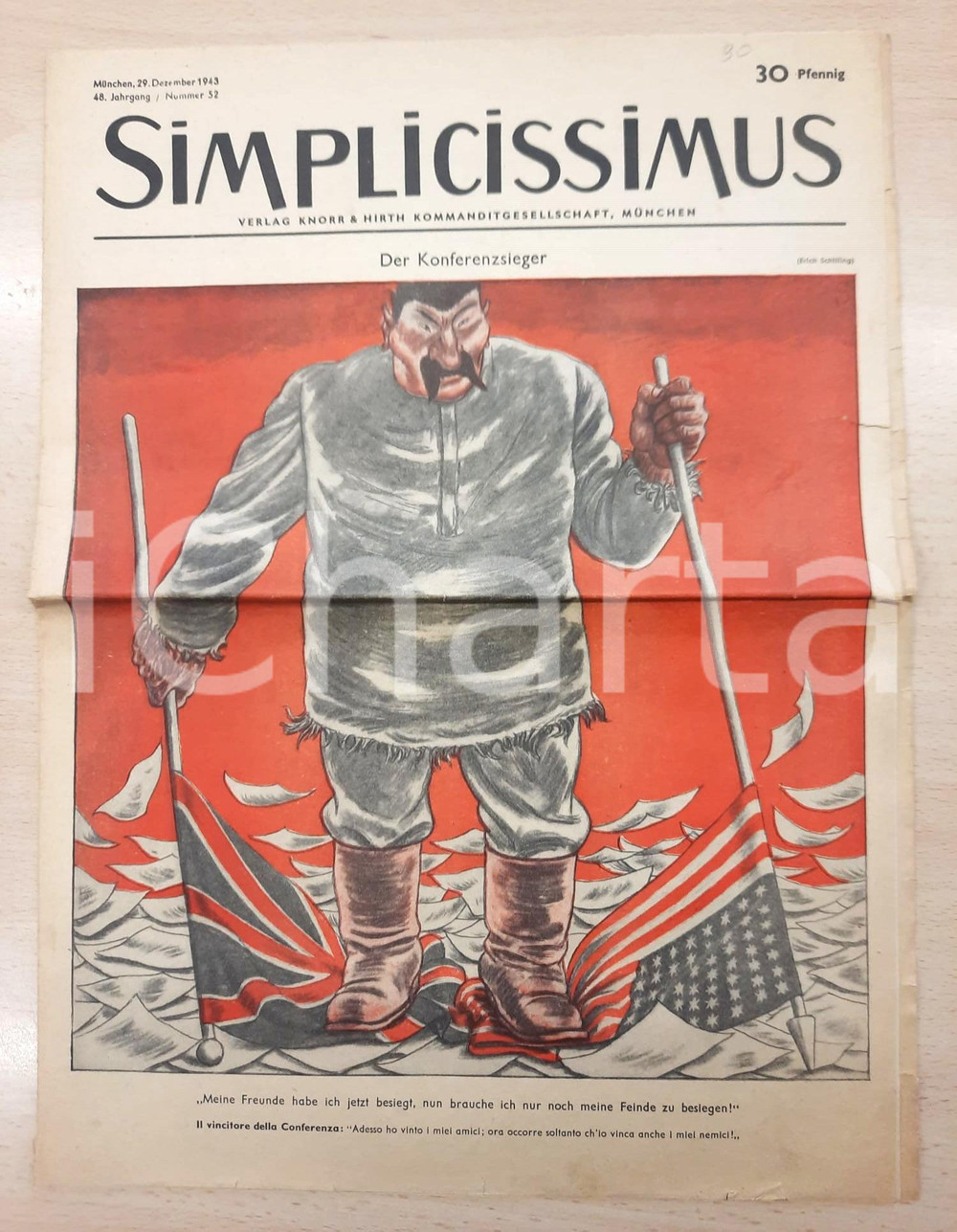 Giornale, rivista storica 1943 WW2 SIMPLICISSIMUS Der Konferenzsieger  Stalin vincitore Rivista 1