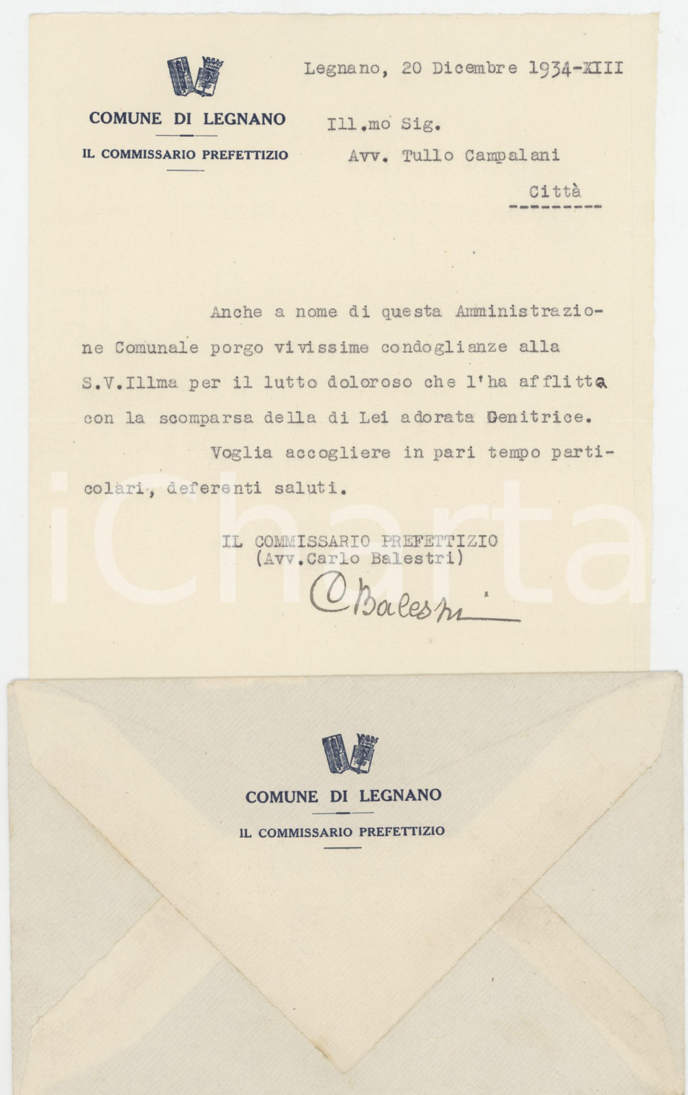 Autografo originale 1934 LEGNANO MI Lettera Carlo BALESTRI Commissario Prefettizio Autografo 1