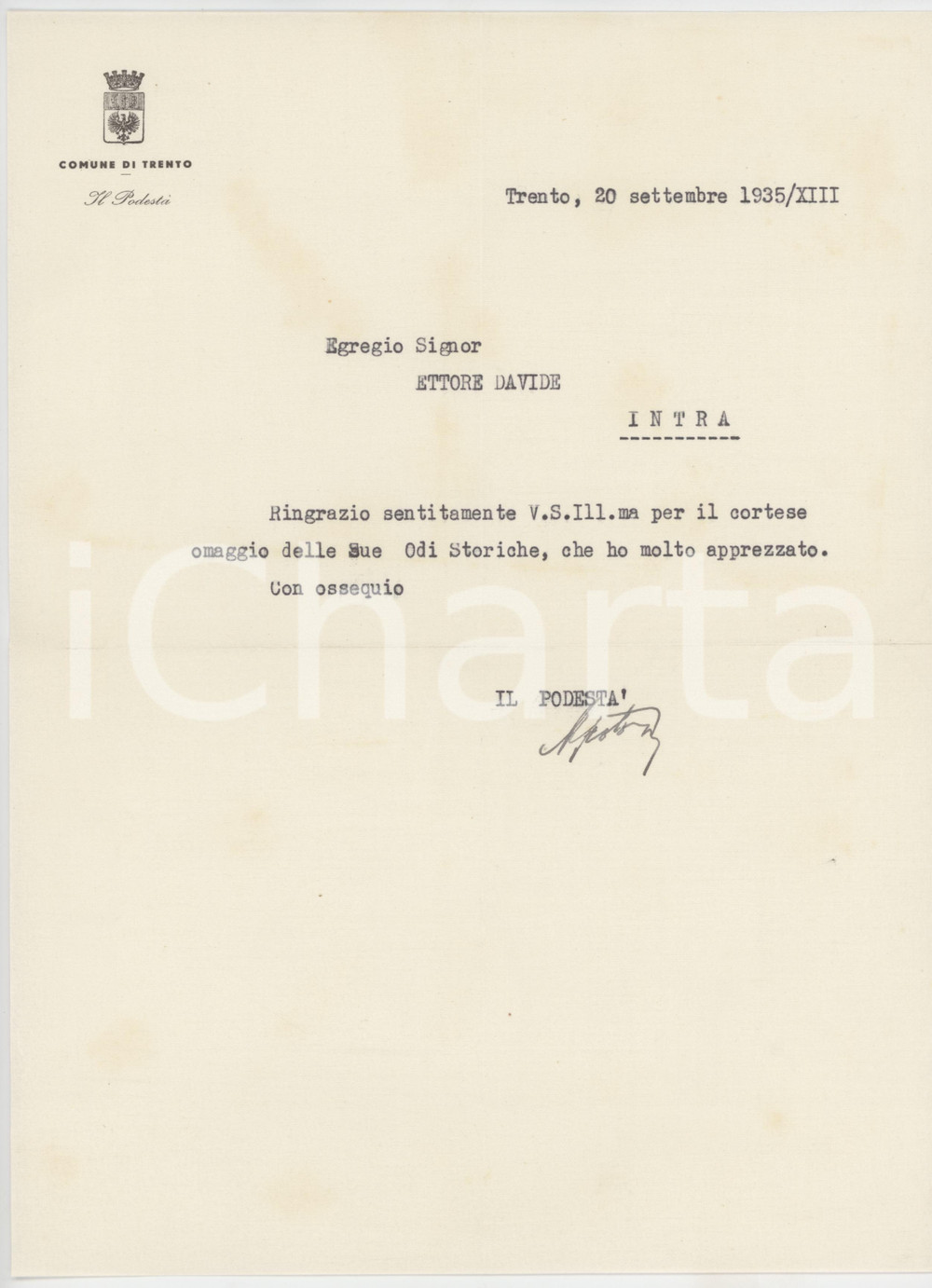 Autografo originale 1935 TRENTO Lettera Mario SCOTONI podestà  Ringraziamento Autografo 1