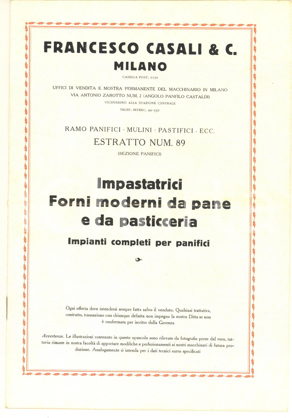 Materiale pubblicitario d’epoca 1930 ca MILANO Ditta Francesco CASALI  Catalogo forni e impastatrici ILLUSTRATO 1
