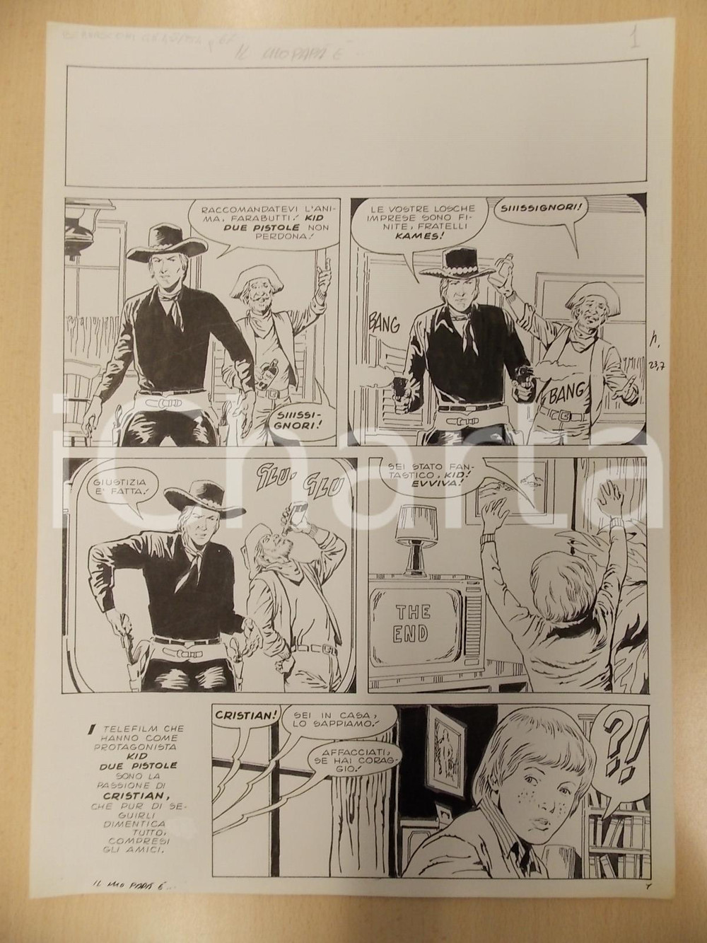 Opera d’arte autentica 1970ca IL MIO PAPA  E ... Luciano BERNASCONI Western in tv Tavola originale LUBE 1