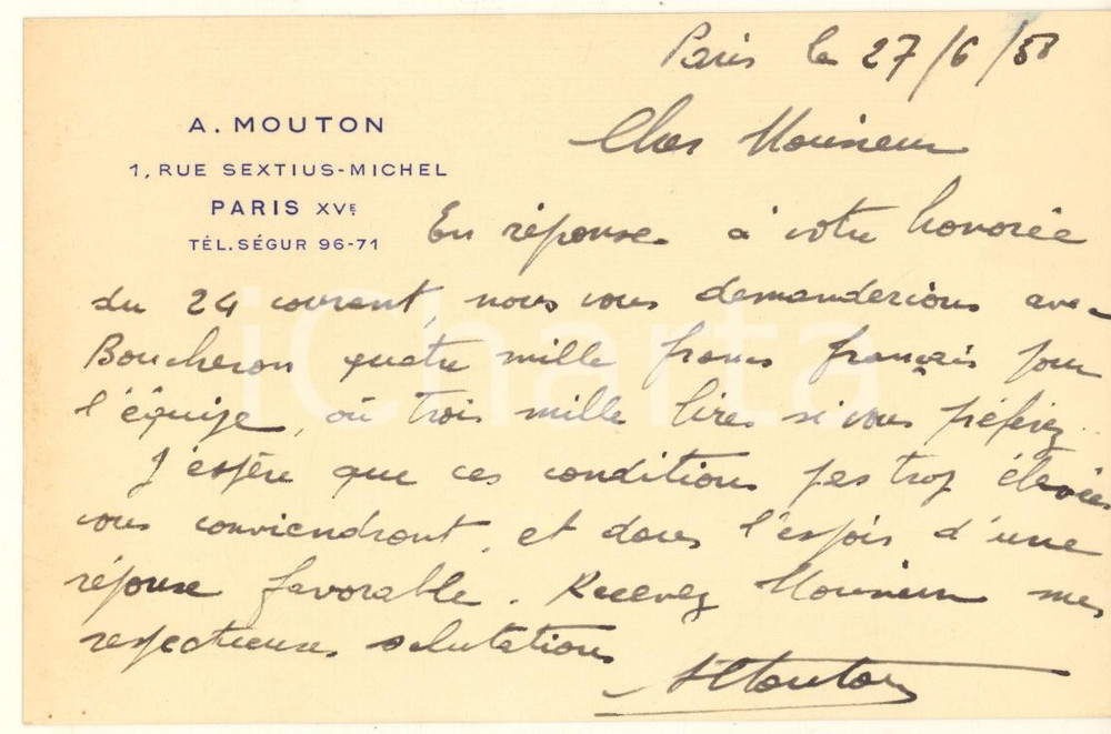 Autografo originale 1938 PARIS CYCLISME  André MOUTON demande engagement avec BOUCHERON Autographe 1