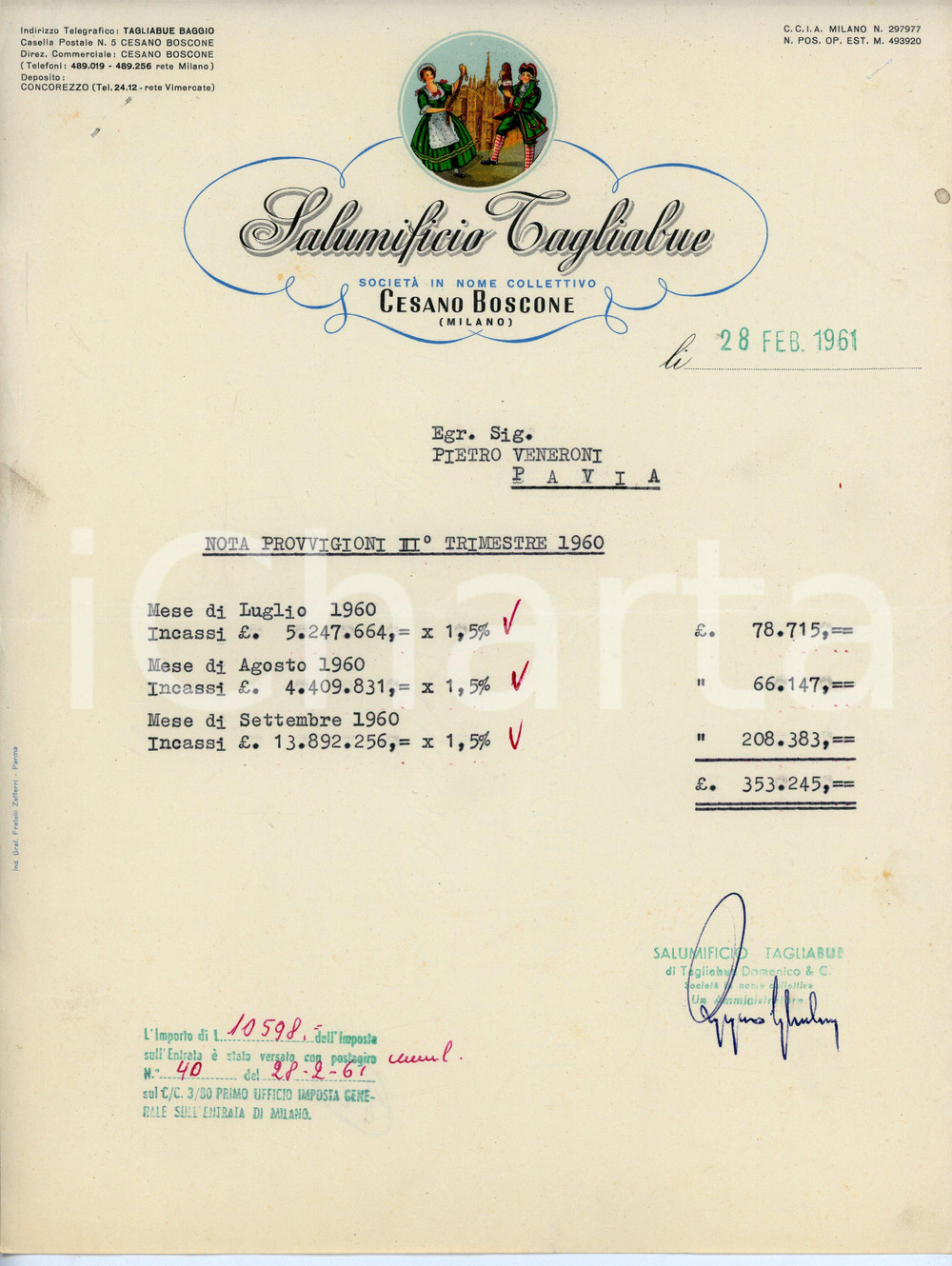 Libro, pubblicazione d epoca 1961 CESANO BOSCONE Salumificio TAGLIABUE Nota provvigioni III trimestre 1960 1