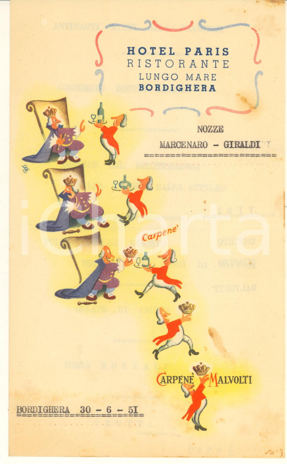 Oggetto da collezione cartaceo 1951 BORDIGHERA IM Hotel PARIS Ristorante  Menù nozze  Illustratore SABI 1