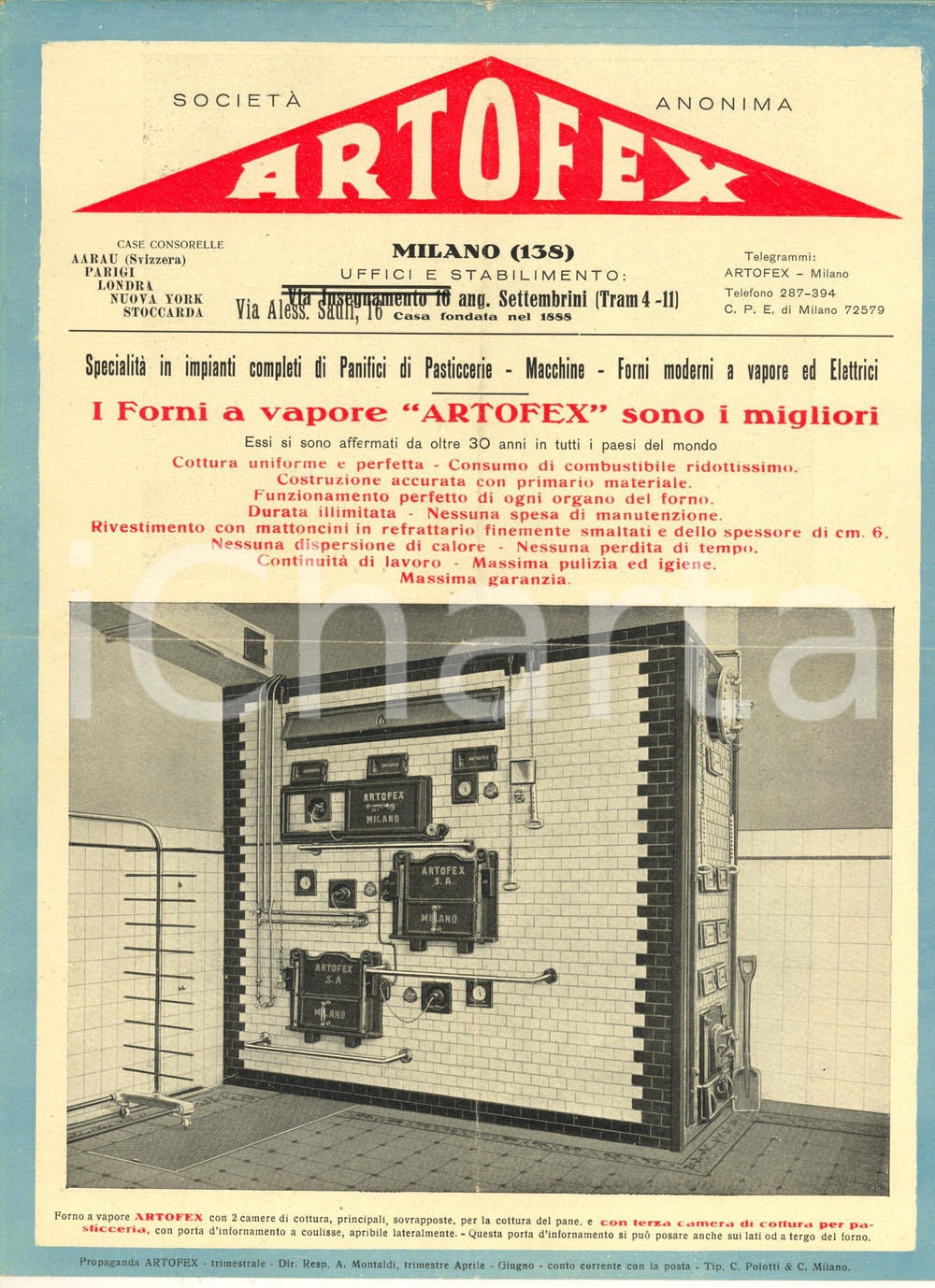 Materiale pubblicitario d’epoca 1950 ca MILANO Società ARTOFEX Forni a vapore  Pieghevole pubblicitario 1