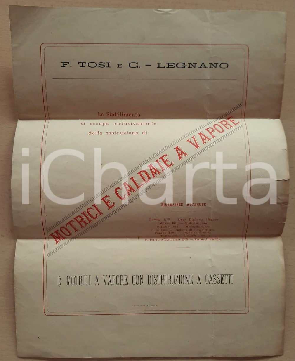 Materiale pubblicitario d’epoca 1890 ca LEGNANO Ditta Franco TOSI  Pieghevole pubblicitario motrici a vapore 1
