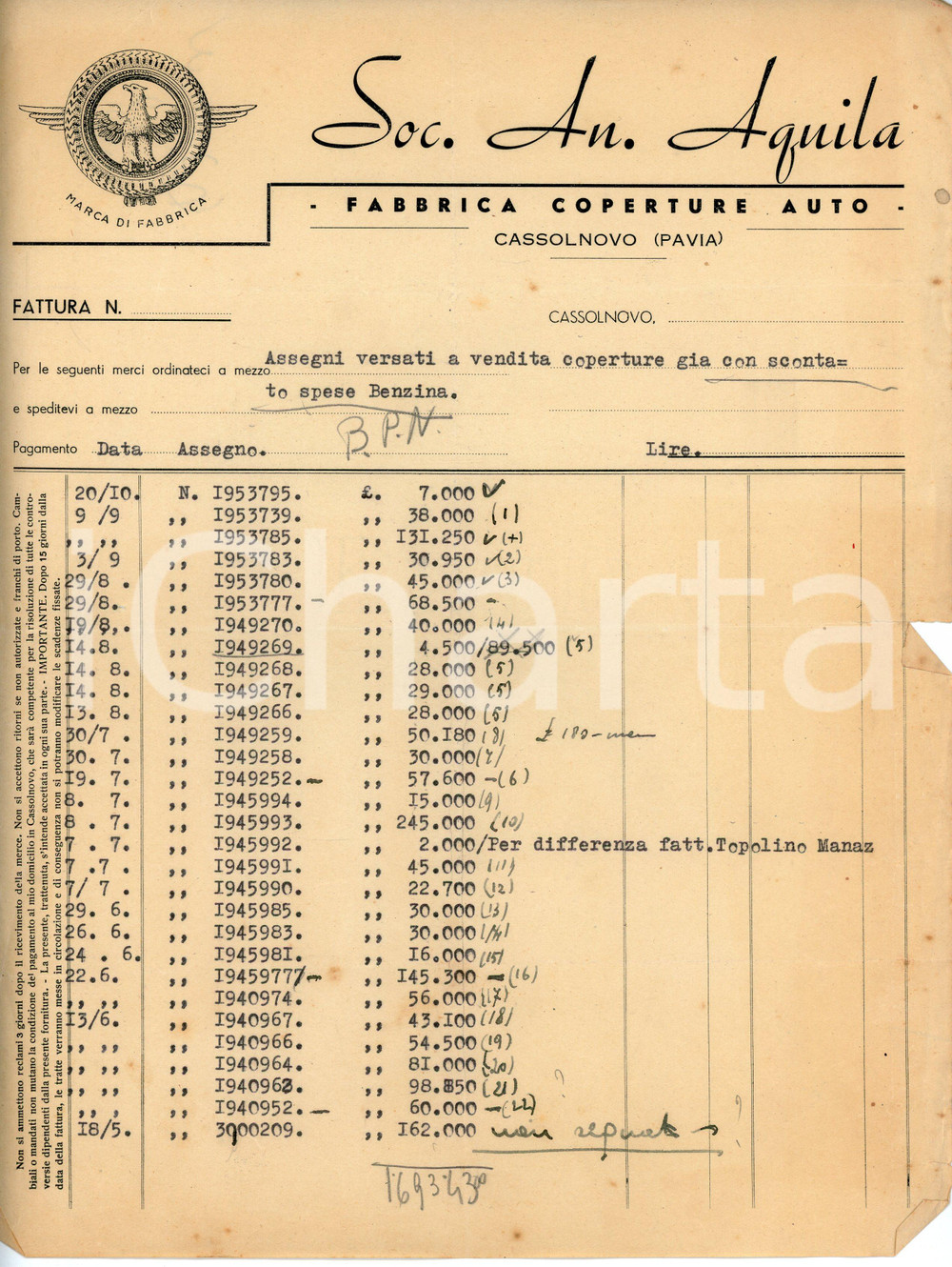 Libro, pubblicazione d epoca 1950 ca CASSOLNOVO Società Anonima AQUILA Riepilogo assegni versati per benzina 1
