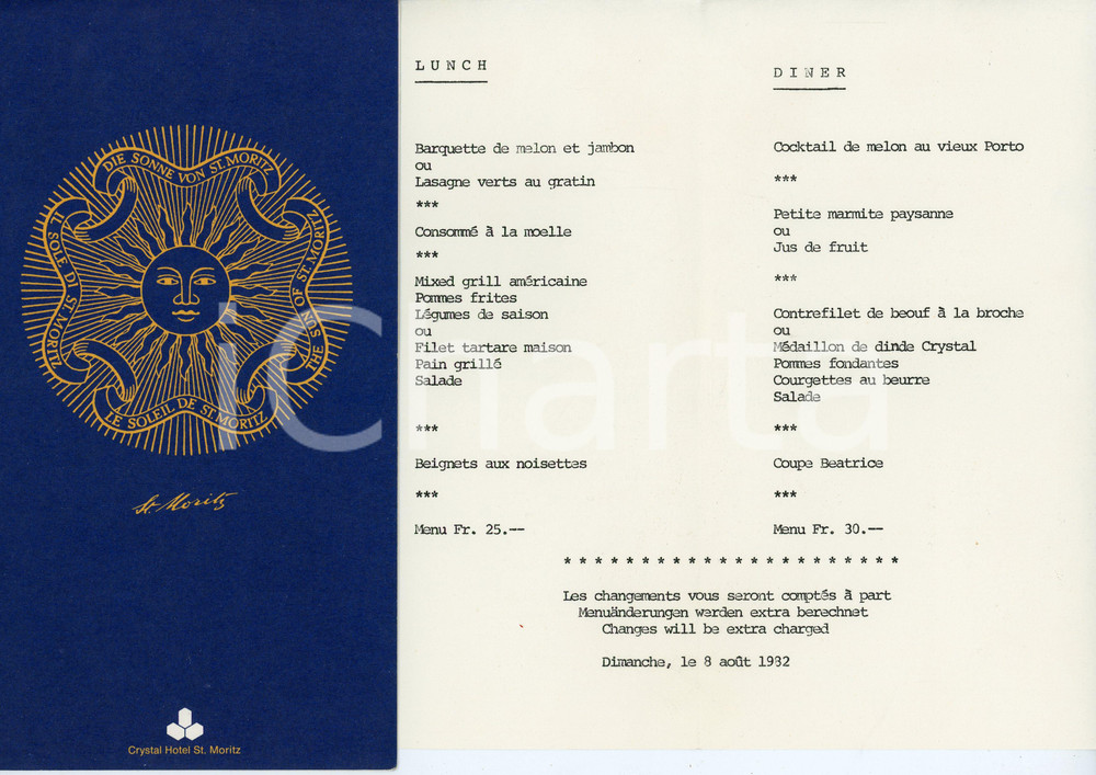 Oggetto da collezione cartaceo 1982 ST. MORITZ CH Menù CRYSTAL Hotel  11x21 cm 1
