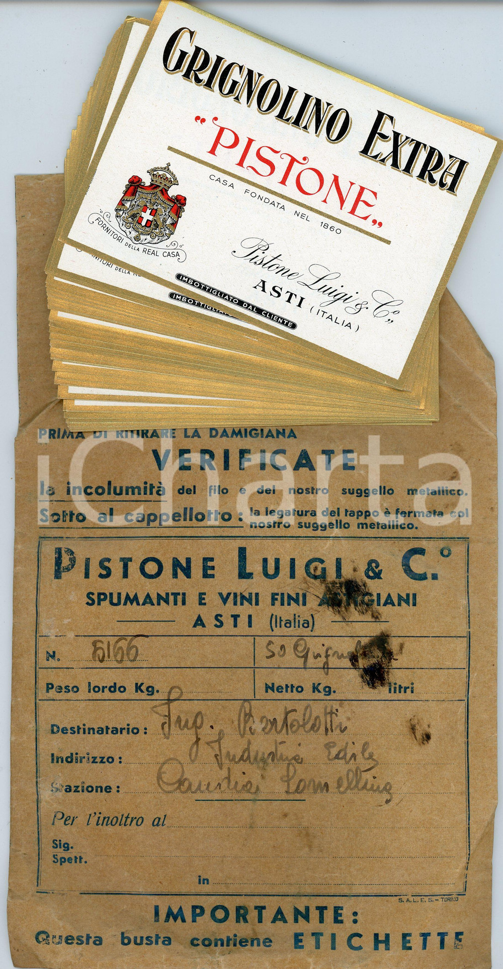 Oggetto da collezione cartaceo 1960 ca ASTI Luigi PISTONE Grignolino extra  Lotto 70 etichette con busta 1
