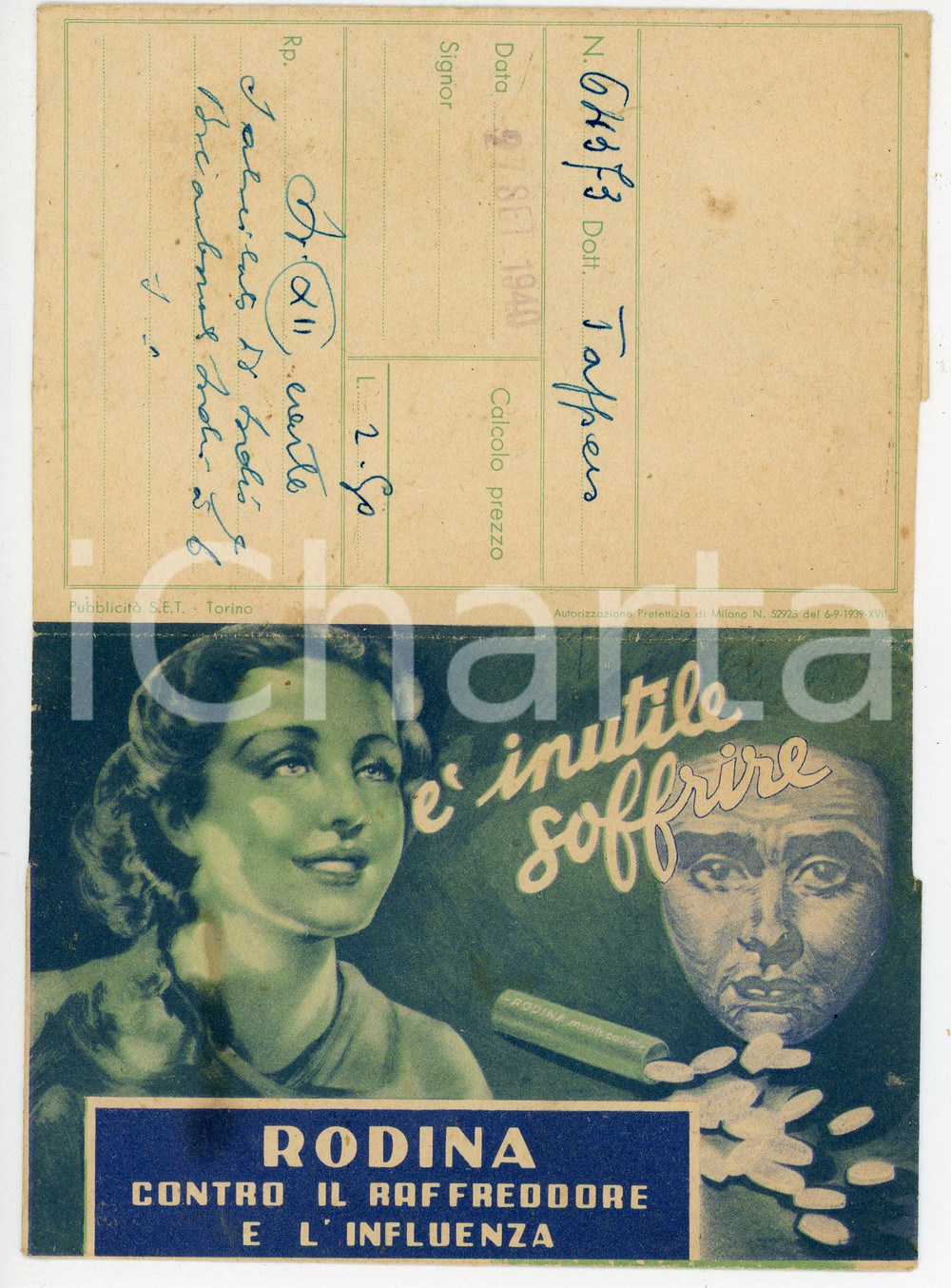 Oggetto da collezione cartaceo 1940 RODINA Contro il raffreddore e l influenza  Busta porta ricette mediche 1