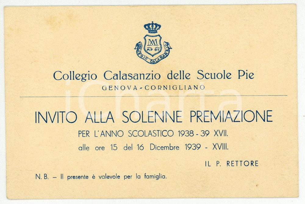 Oggetto da collezione cartaceo 1939 GENOVA  CORNIGLIANO Collegio Calasanzio Scuole Pie  Invito premiazione 1