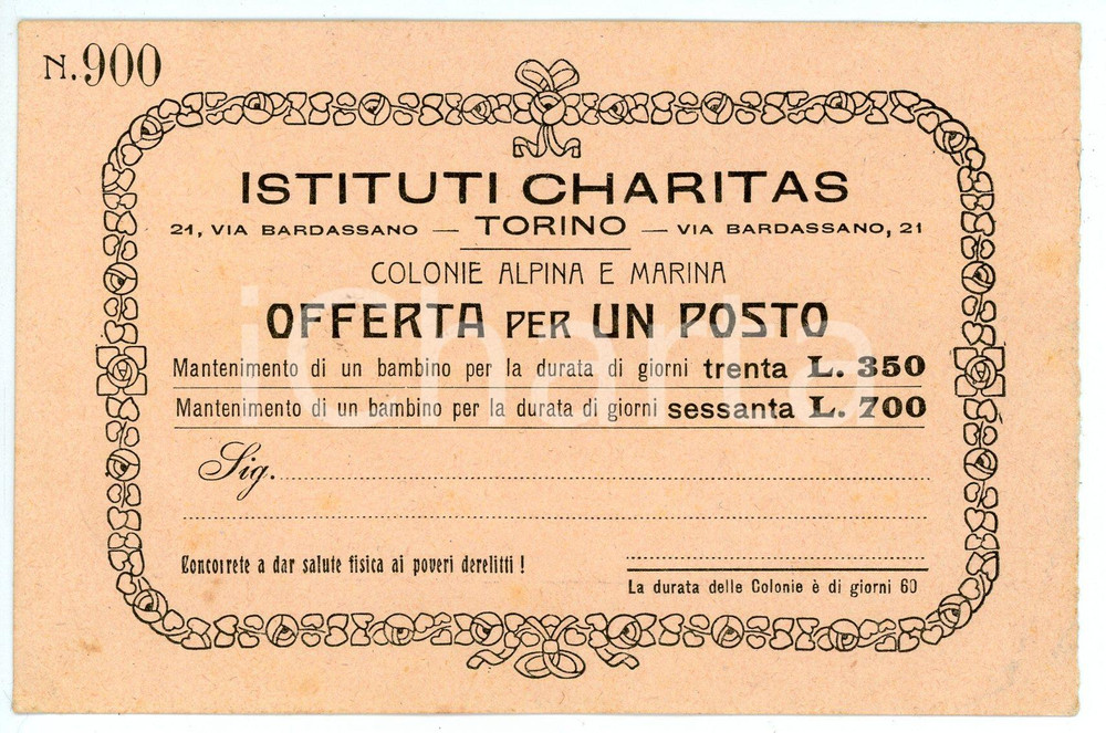 Oggetto da collezione cartaceo 1910 ca TORINO Istituti Charitas  Offerta per un posto in colonia  Biglietto 1
