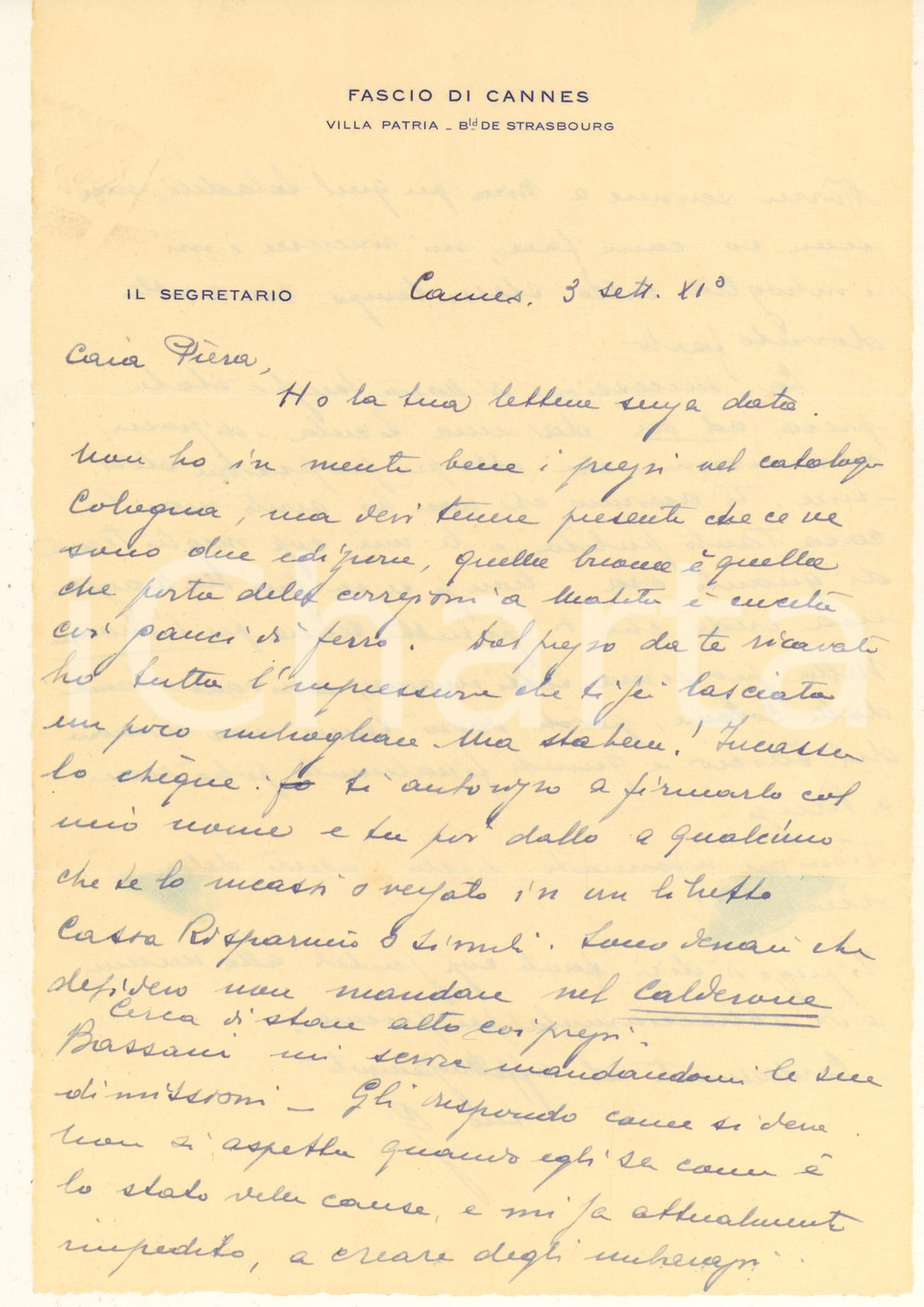 Manoscritto, lettera originale 1933 FASCIO DI CANNES  Lettera segretario Giuseppe ATZENI ? Autografo 1