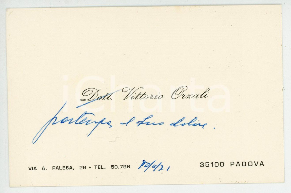 Libro, pubblicazione d epoca 1971 PADOVA Dott. Vittorio ORZALI Biglietto di condoglianze AUTOGRAFO 10x7 cm 1