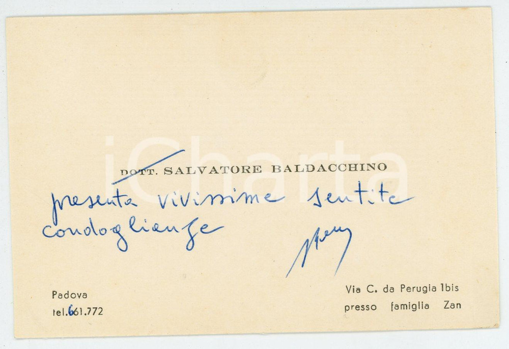 Libro, pubblicazione d epoca 1971 PADOVA Dott. Salvatore BALDACCHINO Biglietto di condoglianze AUTOGRAFO 1
