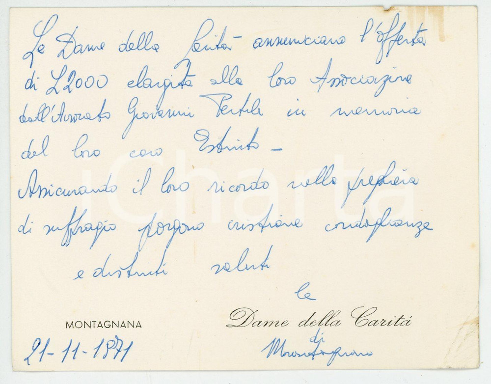 Libro, pubblicazione d epoca 1971 MONTAGNANA Dame della carità  Biglietto per preghiera in suffragio 1