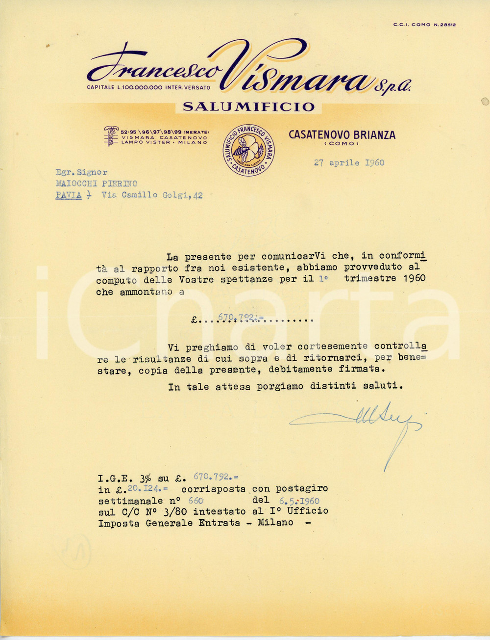Documento originale, autentico 1960 CASATENOVO BRIANZA Salumificio Francesco VISMARA Computo spettanze 1