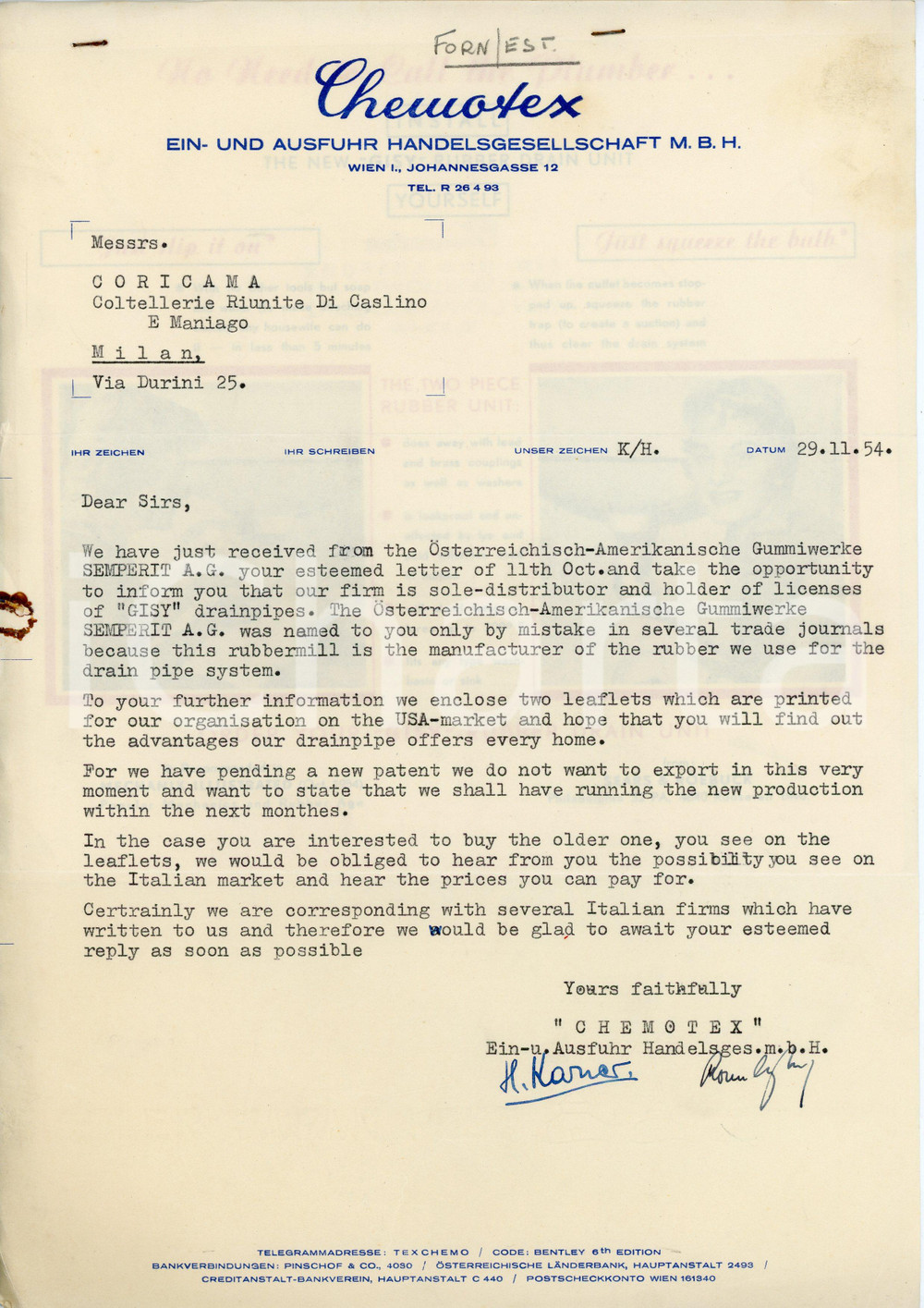 Documento originale, autentico 1954 WIEN Chemotex GISY rubber drain unit SEARS & ROEBUCK Letter and flyers 1