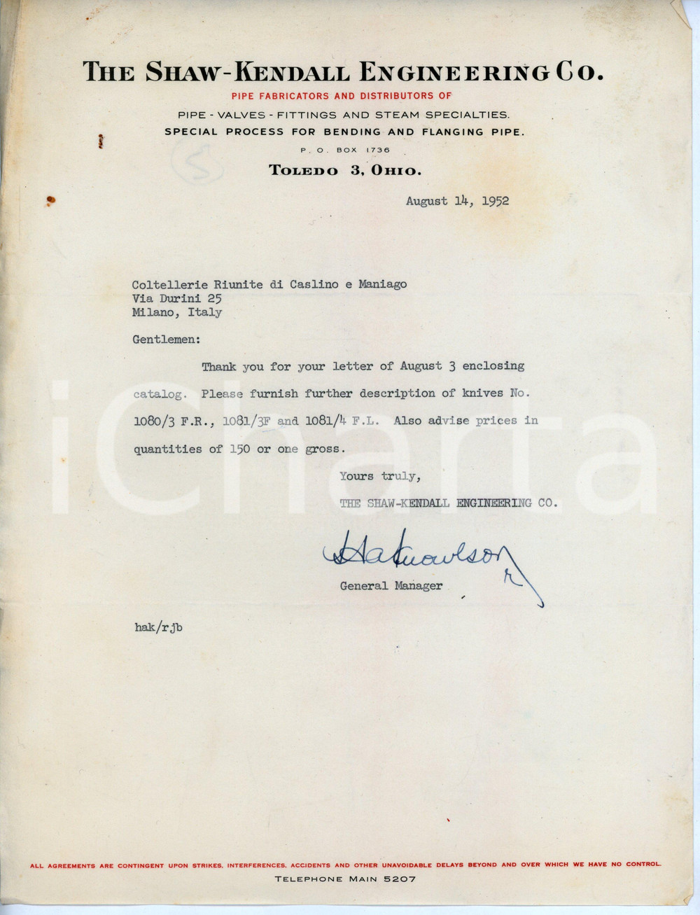 Documento originale, autentico 1952 TOLEDO, OHIO ShawKendall Engineering  Commercial letter about knives 1