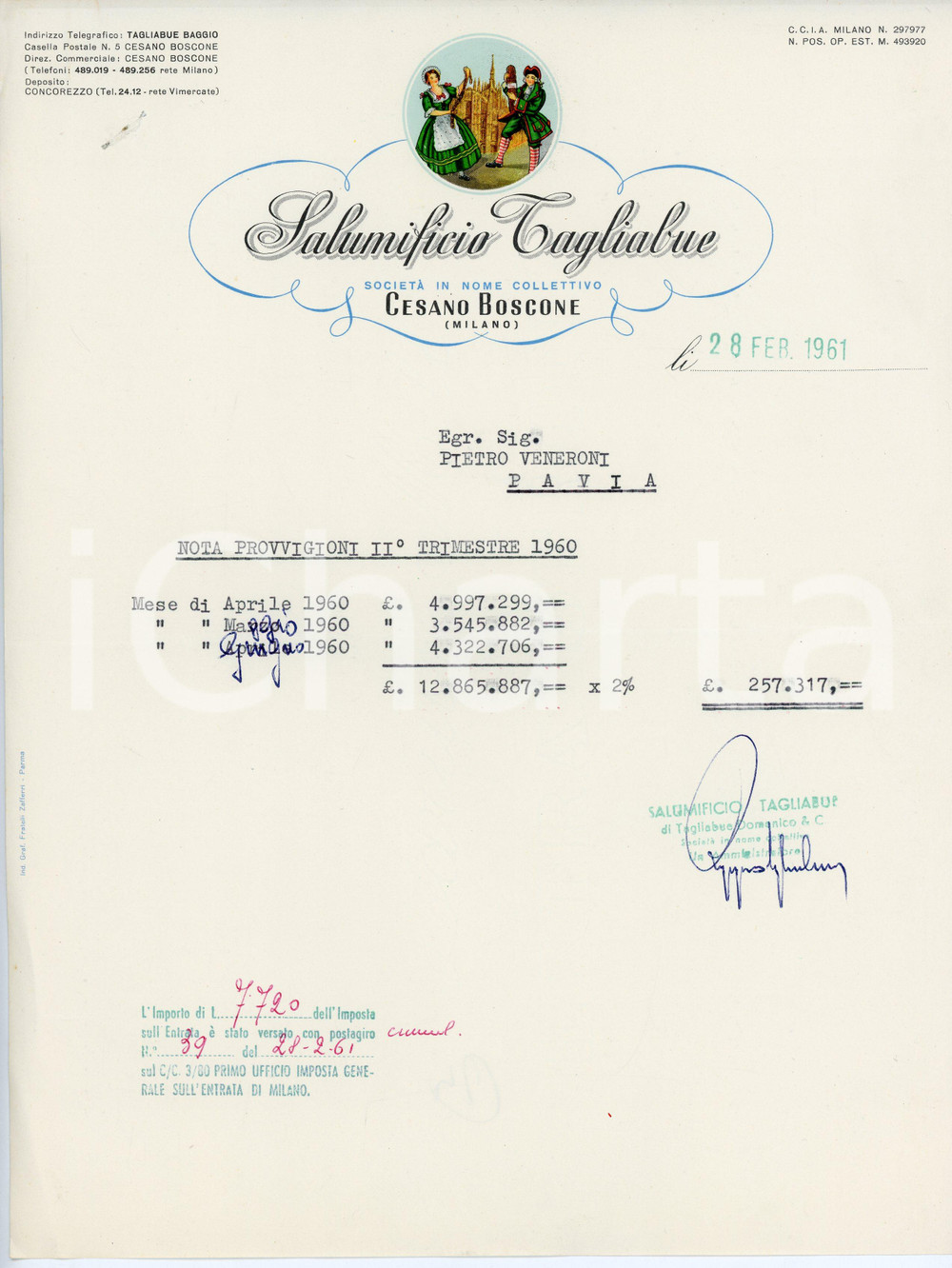 Libro, pubblicazione d epoca 1961 CESANO BOSCONE Salumificio TAGLIABUE Nota provvigioni II trimestre 1960 1