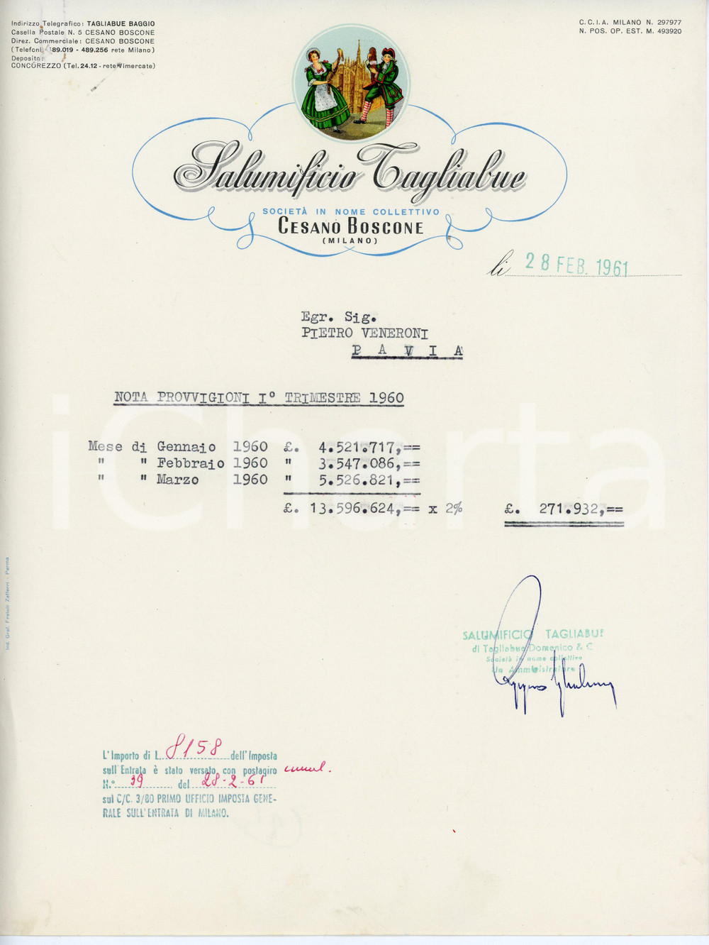 Libro, pubblicazione d epoca 1961 CESANO BOSCONE Salumificio TAGLIABUE Nota provvigioni I trimestre 1960 1