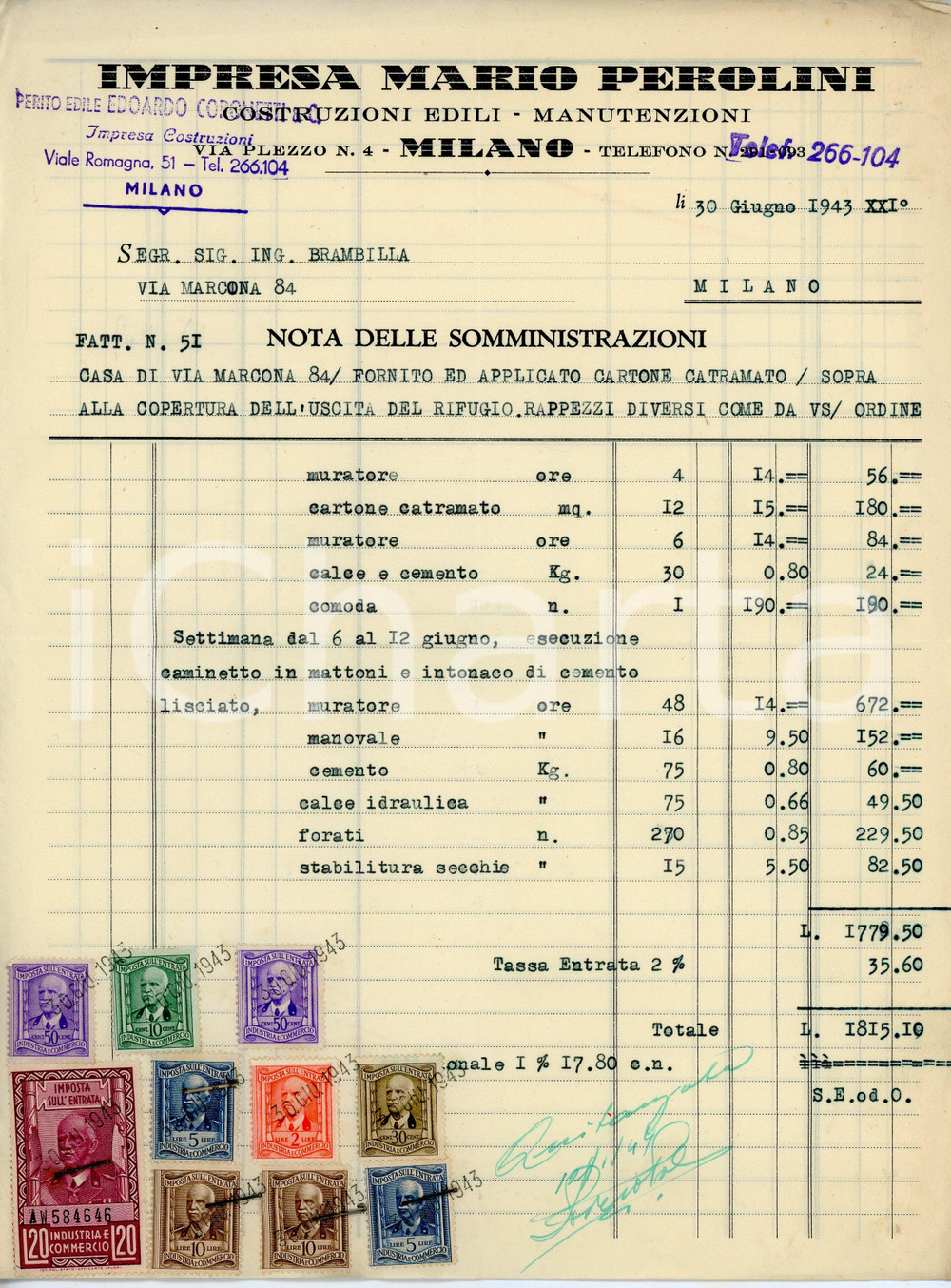 Documento originale, autentico 1943 MILANO Via Plezzo 4  Impresa edile Mario PEROLINI Fattura muratore 1