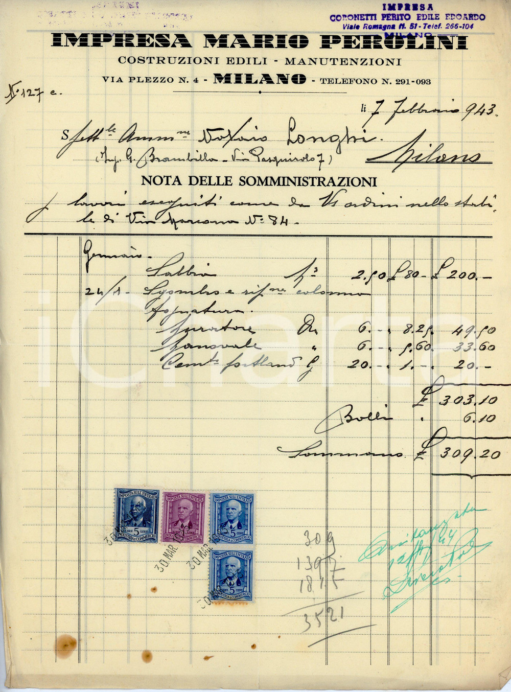 Documento originale, autentico 1943 MILANO Via Plezzo 4  Impresa edile Mario PEROLINI Fattura 1