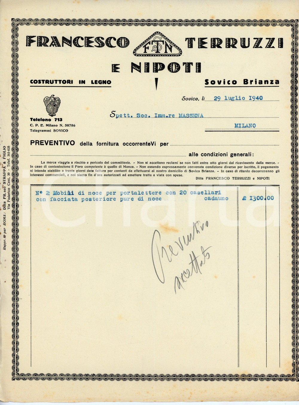 Documento originale, autentico 1940 SOVICO BRIANZA Costruttori in legno Francesco TERRUZZI Preventivo mobili 1