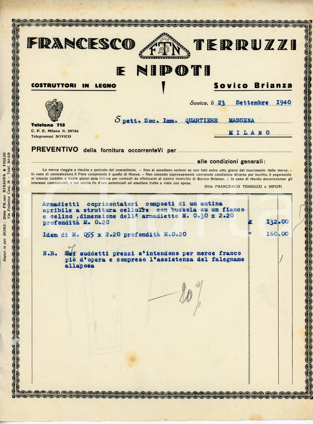 Documento originale, autentico 1940 SOVICO Costruttori in legno Francesco TERRUZZI Preventivo armadietti 1