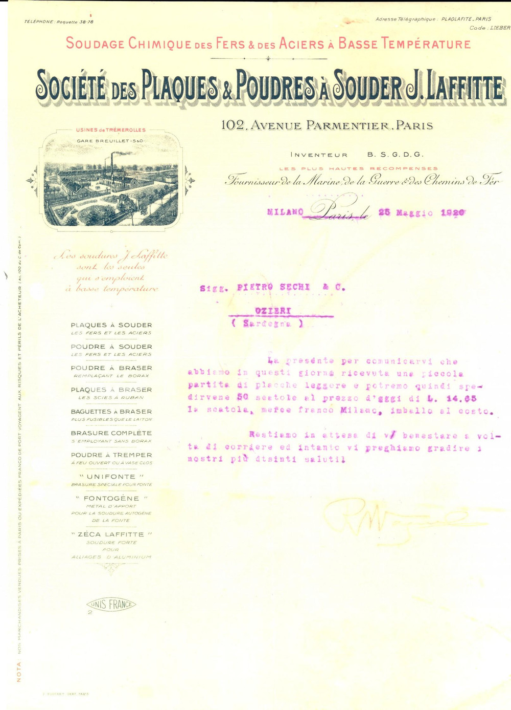 Documento originale, autentico 1920 MILANO Lettera Société des Plaques & Poudres à souder J. Laffitte 1