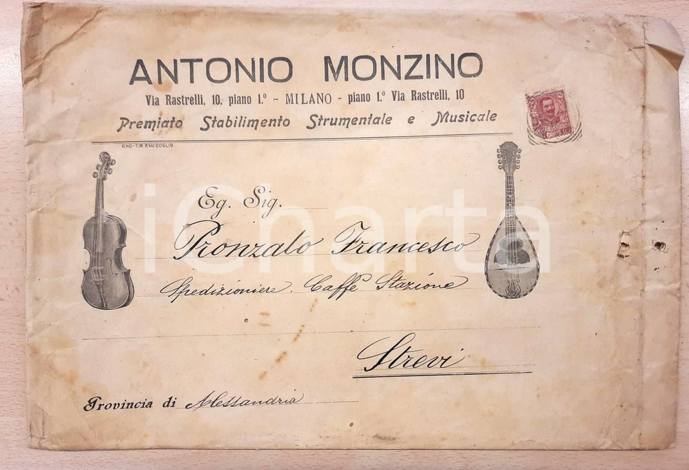 Materiale pubblicitario d’epoca 1910 ca MILANO Antonio MONZINO Stabilimento musicale Busta ILLUSTRATA 32x22 cm 1