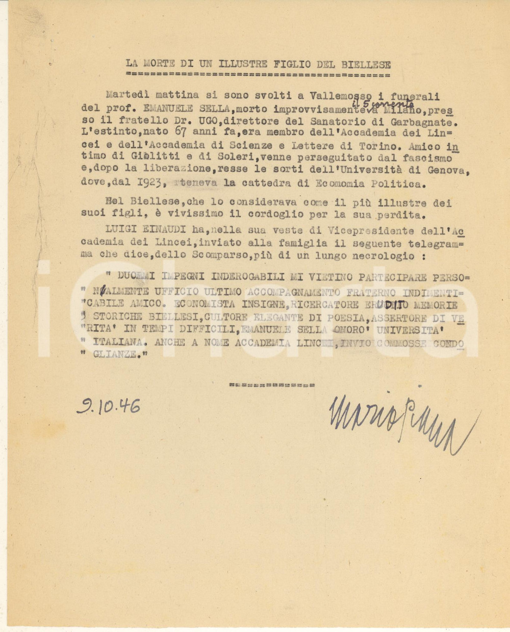 Autografo originale 1946 BIELLA In morte del prof. Emanuele Sella  Articolo Mario PIANA Autografo 1