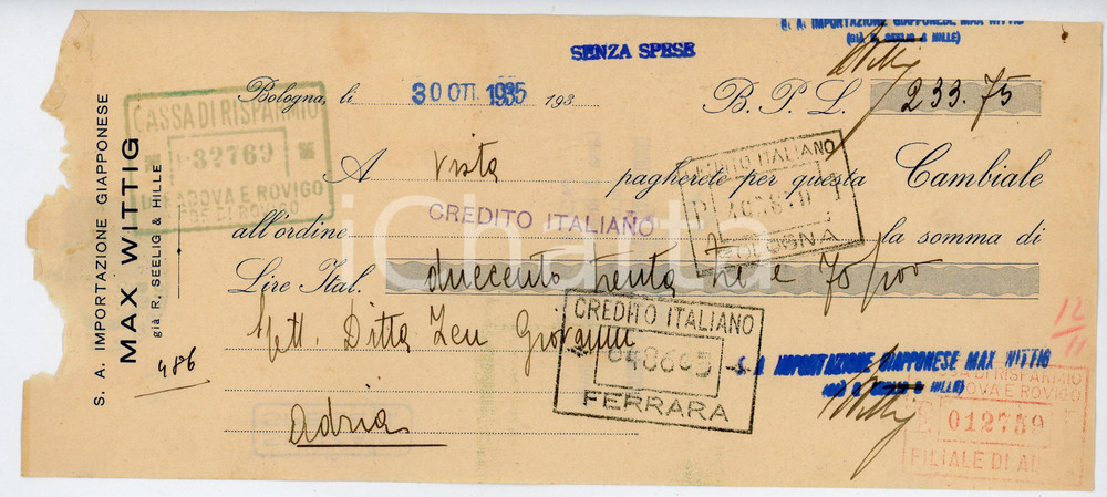 Documento originale, autentico 1935 Max WITTIG Importazione giapponese  Cambiale 25x11 cm 1