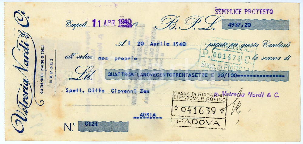 Documento originale, autentico 1940 EMPOLI Vetreria NARDI già Ranieri NARDI Cambiale 23x11 cm 1