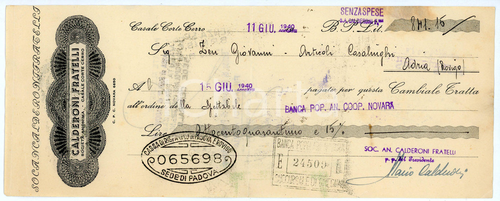Documento originale, autentico 1940 CASALE CORTE CERRO Ditta Fratelli CALDERONI Cambiale 27x10 cm 1 1