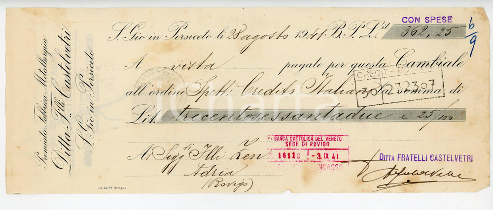 Documento originale, autentico 1946 SAN GIOVANNI IN PERSICETO Ditta metallurgica F.LLI CASTELVETRI Cambiale 1 1
