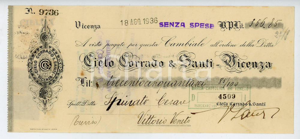 Documento originale, autentico 1936 VICENZA Ditta Corrado e Santi CIELO Cambiale 22x10 cm 1