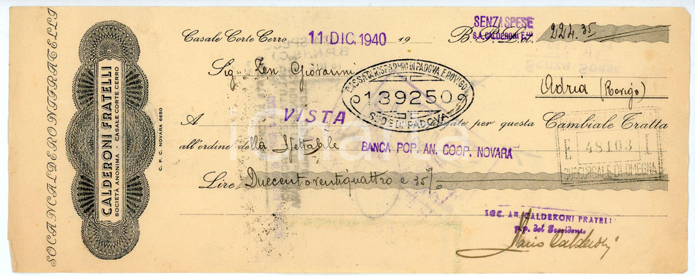 Documento originale, autentico 1940 CASALE CORTE CERRO Ditta Fratelli CALDERONI Cambiale 27x10 cm 1