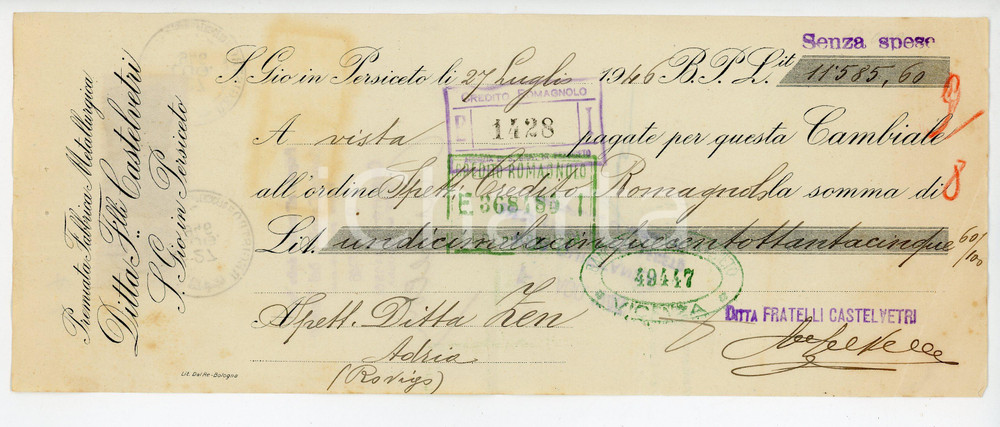Documento originale, autentico 1946 SAN GIOVANNI IN PERSICETO Ditta metallurgica F.LLI CASTELVETRI Cambiale 1