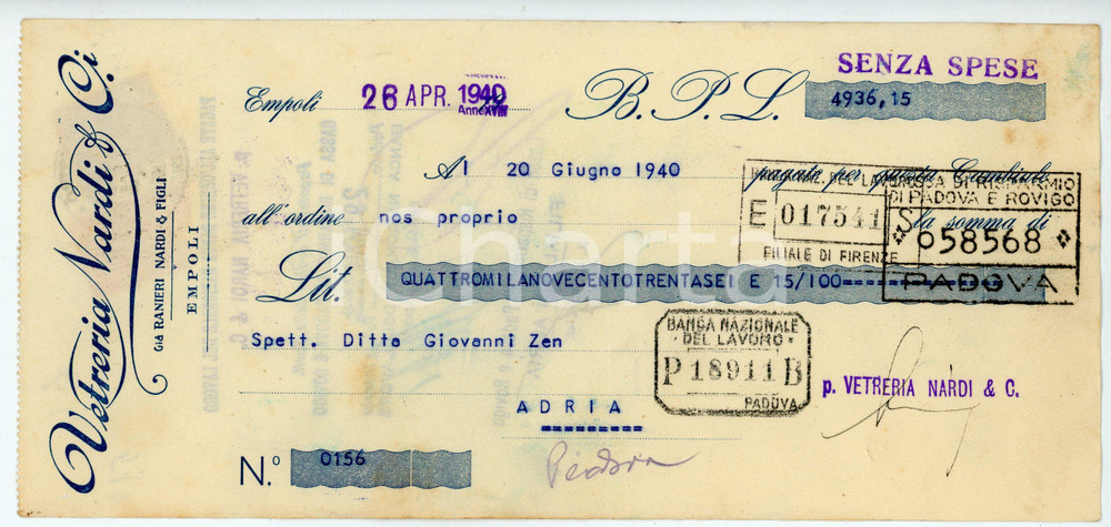 Documento originale, autentico 1940 EMPOLI Vetreria NARDI già Ranieri NARDI Cambiale 23x11 cm 1 1