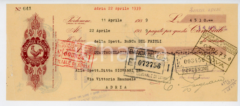 Documento originale, autentico 1939 PORDENONE Ceramica GALVANI Firma di Ernesto ZUGLIANI Cambiale 25x10 cm 1 1