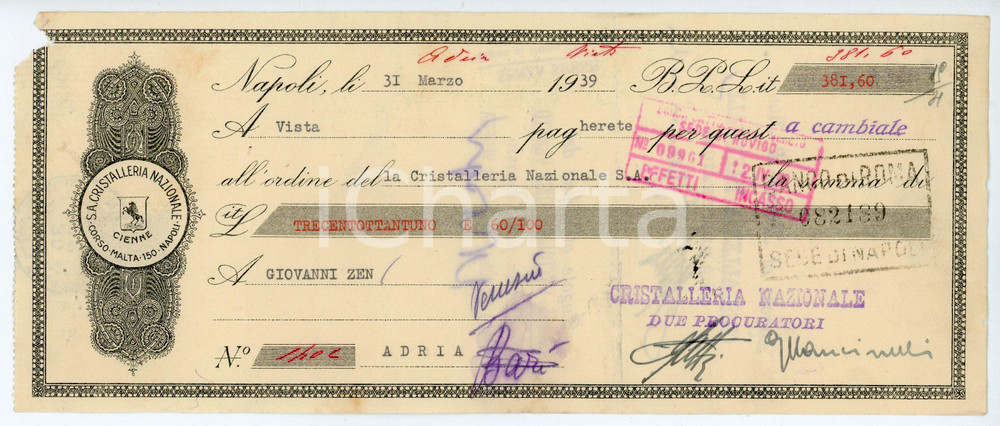 Documento originale, autentico 1939 NAPOLI Cristalleria nazionale CIENNE Cambiale 24x10 cm 1