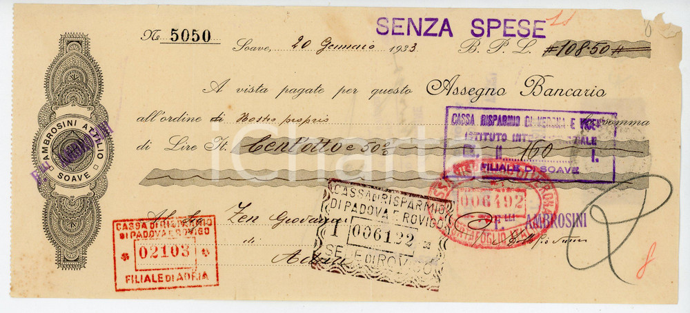 Documento originale, autentico 1933 SOAVE Ditta Attilio AMBROSINI Assegno bancario 25x11 cm 1 1