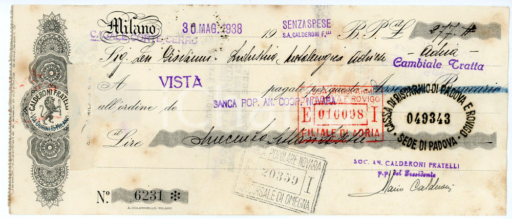 Documento originale, autentico 1938 CASALE CORTE CERRO Ditta Fratelli CALDERONI Cambiale 25x10 cm 1 1