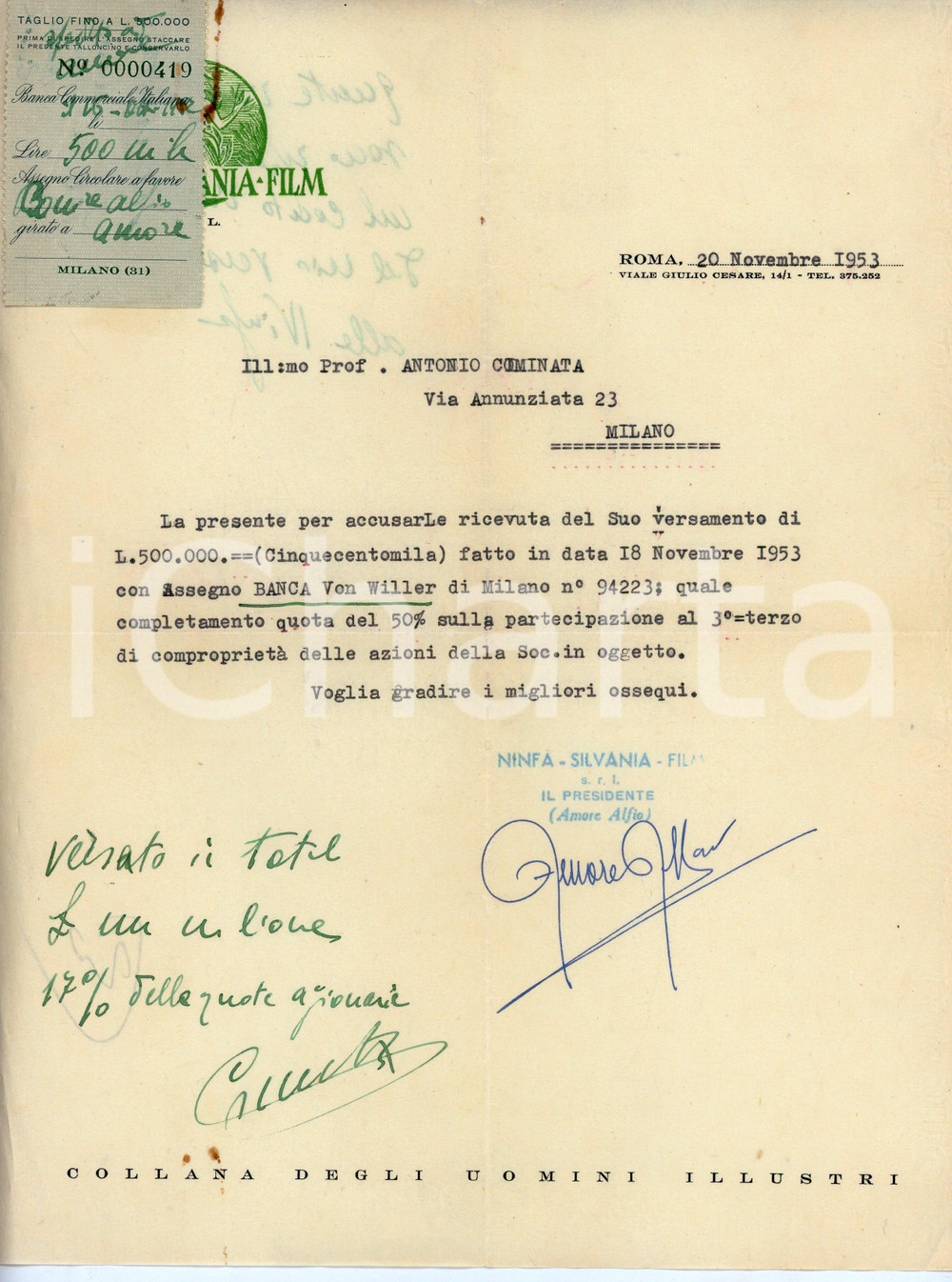 Documento originale, autentico 1953 ROMA  NINFA SILVANIA FILM Alfio AMORE Lettera con AUTOGRAFO e tagliando 1