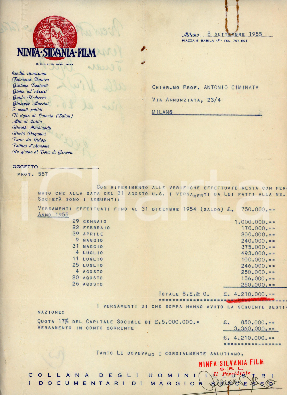 Documento originale, autentico 1955 MILANO  NINFA SILVANIA FILM Rendiconto versamenti  Autografo Alfio AMORE 1