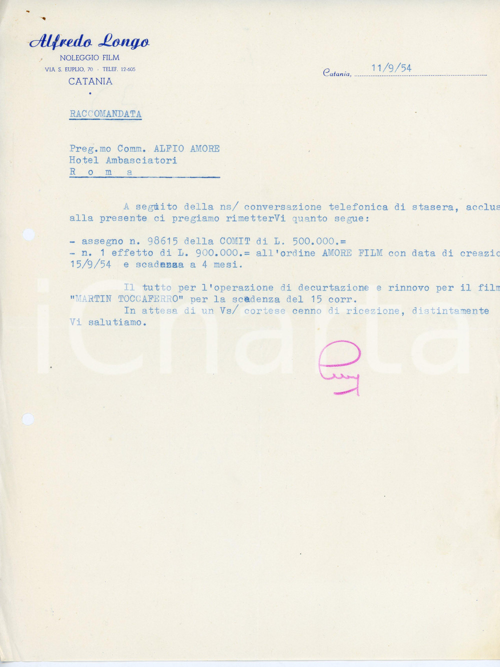Documento originale, autentico 1954 CATANIA Noleggio film Alfredo LONGO Rinnovo Martin Toccaferro AMORE FILM 1